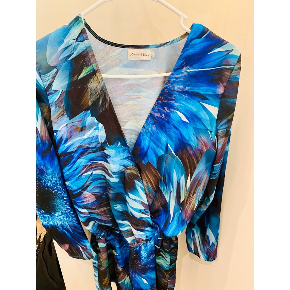 Johanne Beck‎ Blue Floral Sunflower Surplice Wrap Top Long Sleeve XS